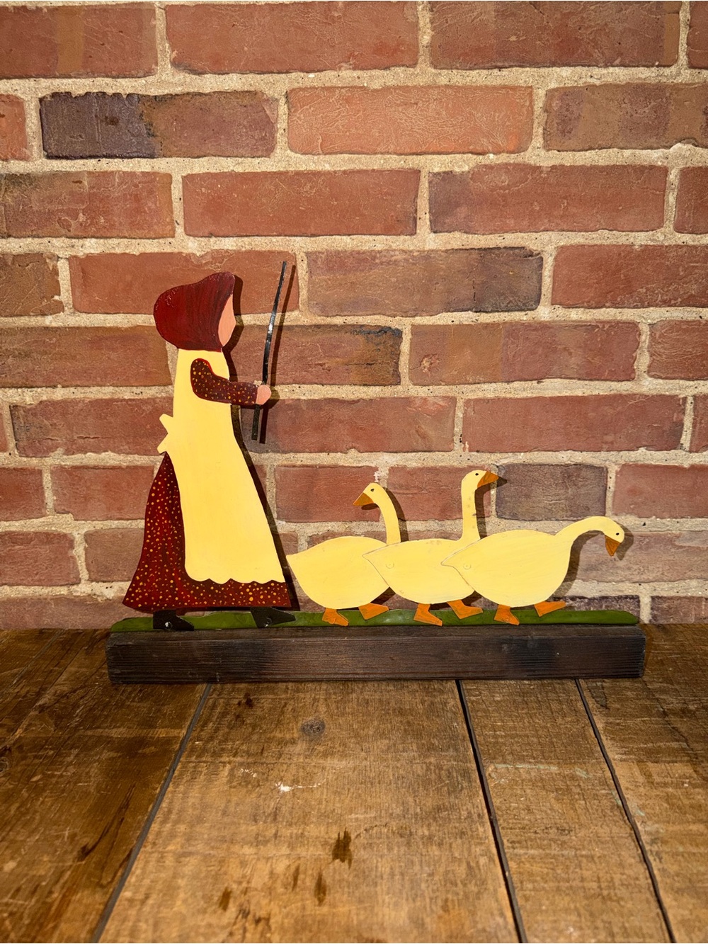 Folk Art Wooden Shelf Sitter Girl with Geese Hand Painted Country Decor